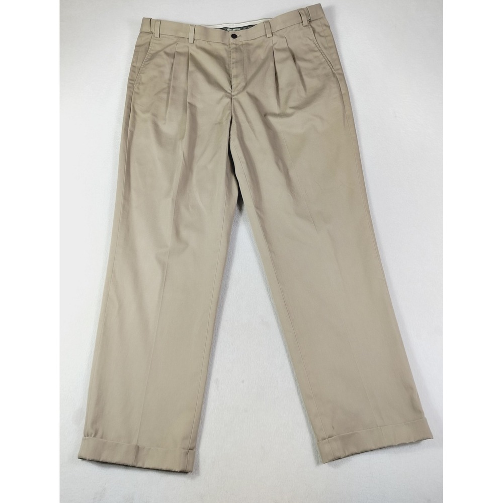 Eddie Bauer Pants Mens Tall 42 Beige Pleated Chino Cotton Office Casual Corpcore